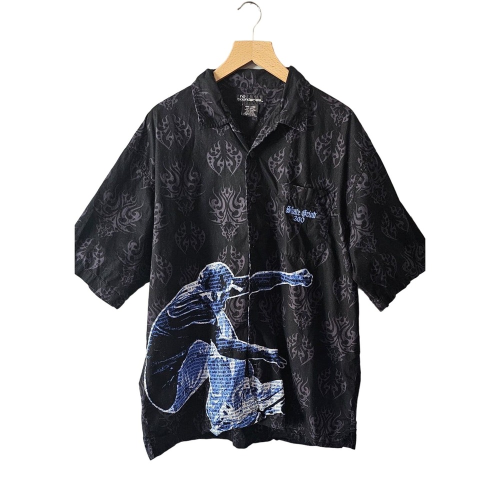 Vtg 90s No Boundaries L/XL Black Skate Grind 360 AOP Flame Y2K Rave Skater Shirt